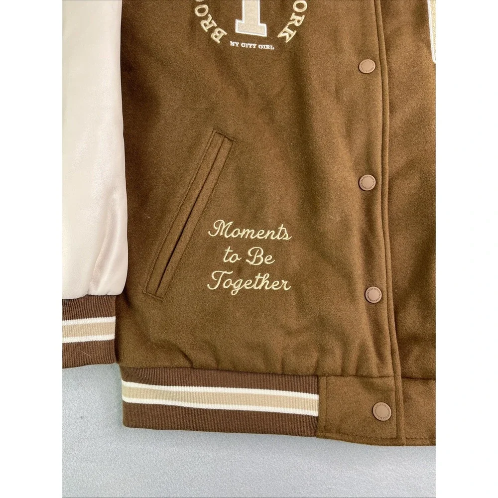 Zara Girls Letterman Snap Button PATCH VARSITY BROWN JACKET Size 13-14